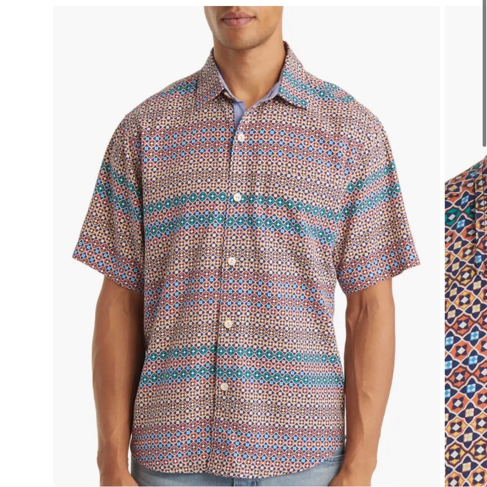 Tommy Bahama Bodega Dunes Tiles Short Sleeve 100% Silk Button-Up Shirt